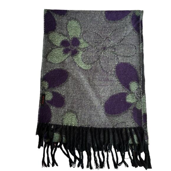Floral, purple and green fringe scarf made in Argentina - Picture 1 of 4